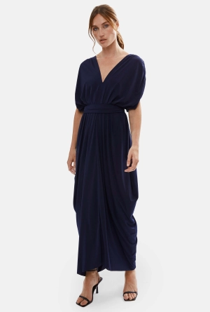 Batwing Pleated Maxi Dress Navy