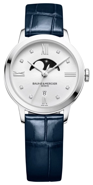 Baume & Mercier Classima Stainless Steel Silver Dial Diamonds Blue Leather Strap Moonphase Date Quartz Womens Watch M0A10329