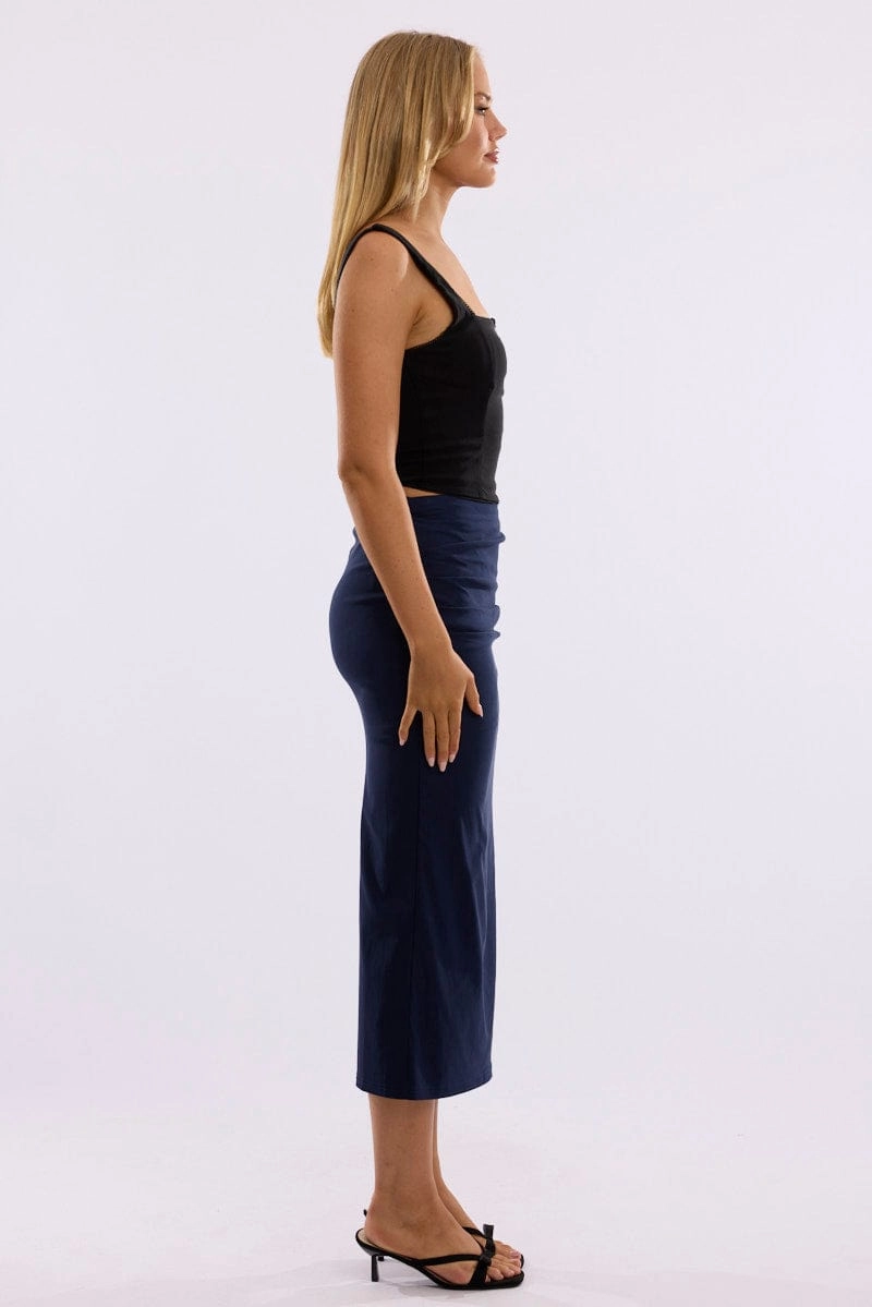 Blue Gathered Midi Skirt High Rise Bengaline Split