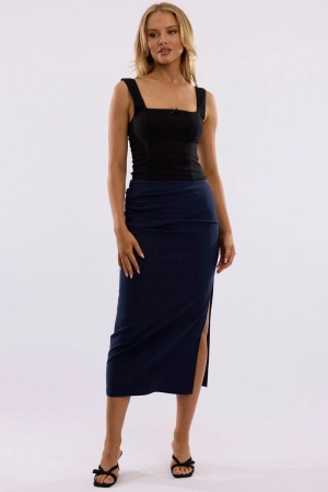 Blue Gathered Midi Skirt High Rise Bengaline Split
