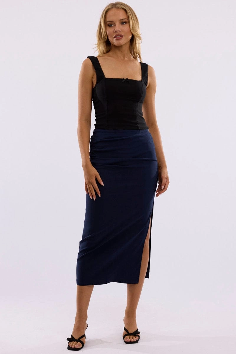 Blue Gathered Midi Skirt High Rise Bengaline Split