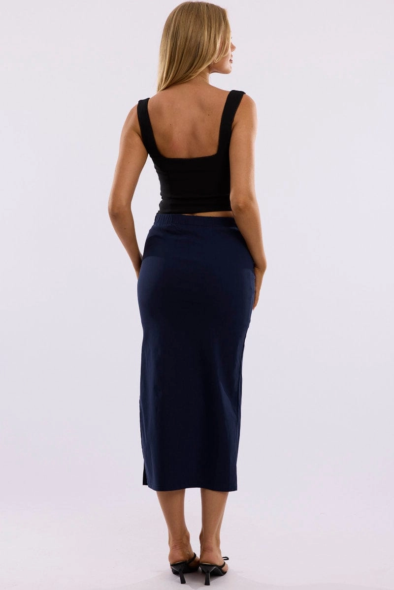 Blue Gathered Midi Skirt High Rise Bengaline Split