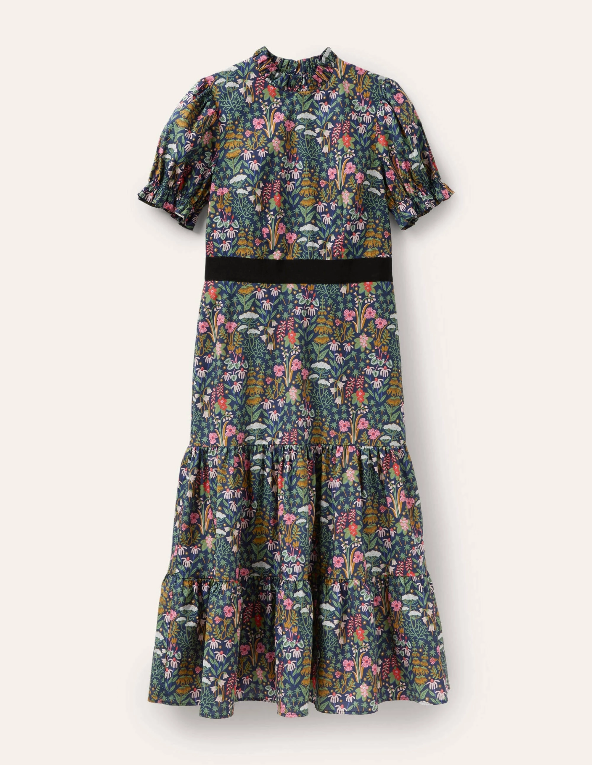 Frill Neck Tiered Midi Dress-French Navy. Wildflower Bloom