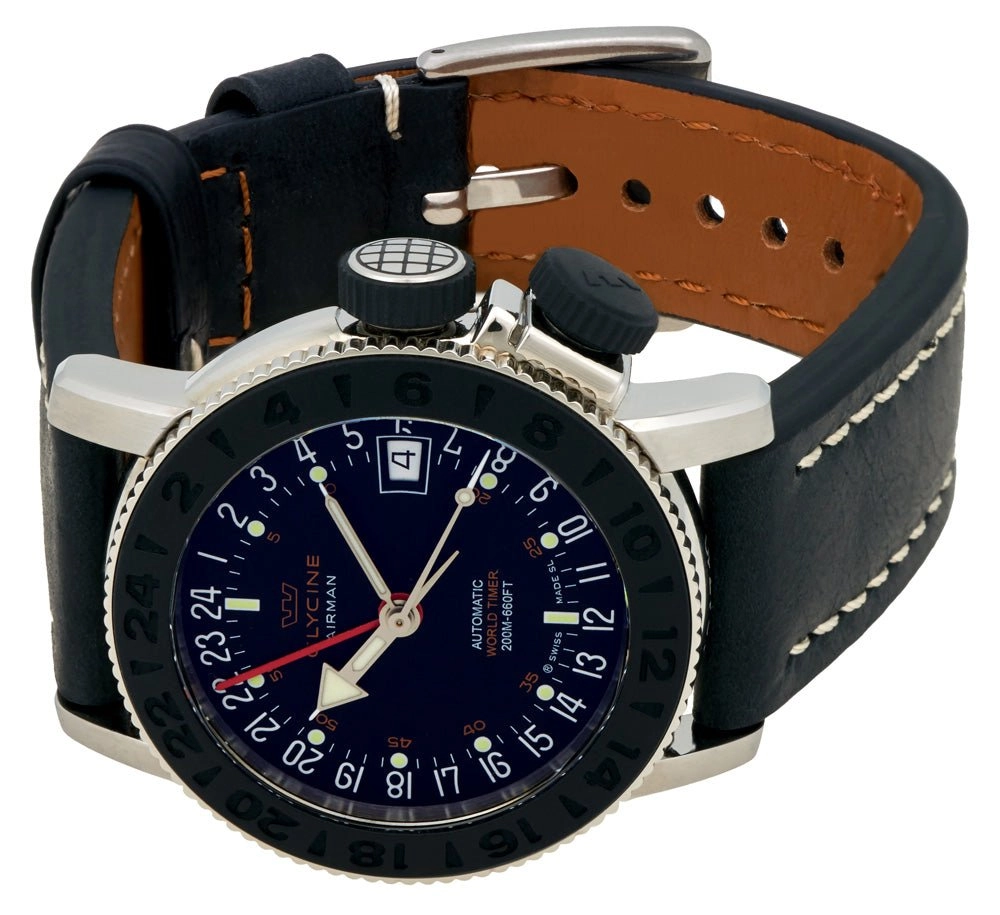 Glycine Airman 18 Sphair Automatic GMT World Timer Steel Mens Strap Watch 3928.191 LB9B