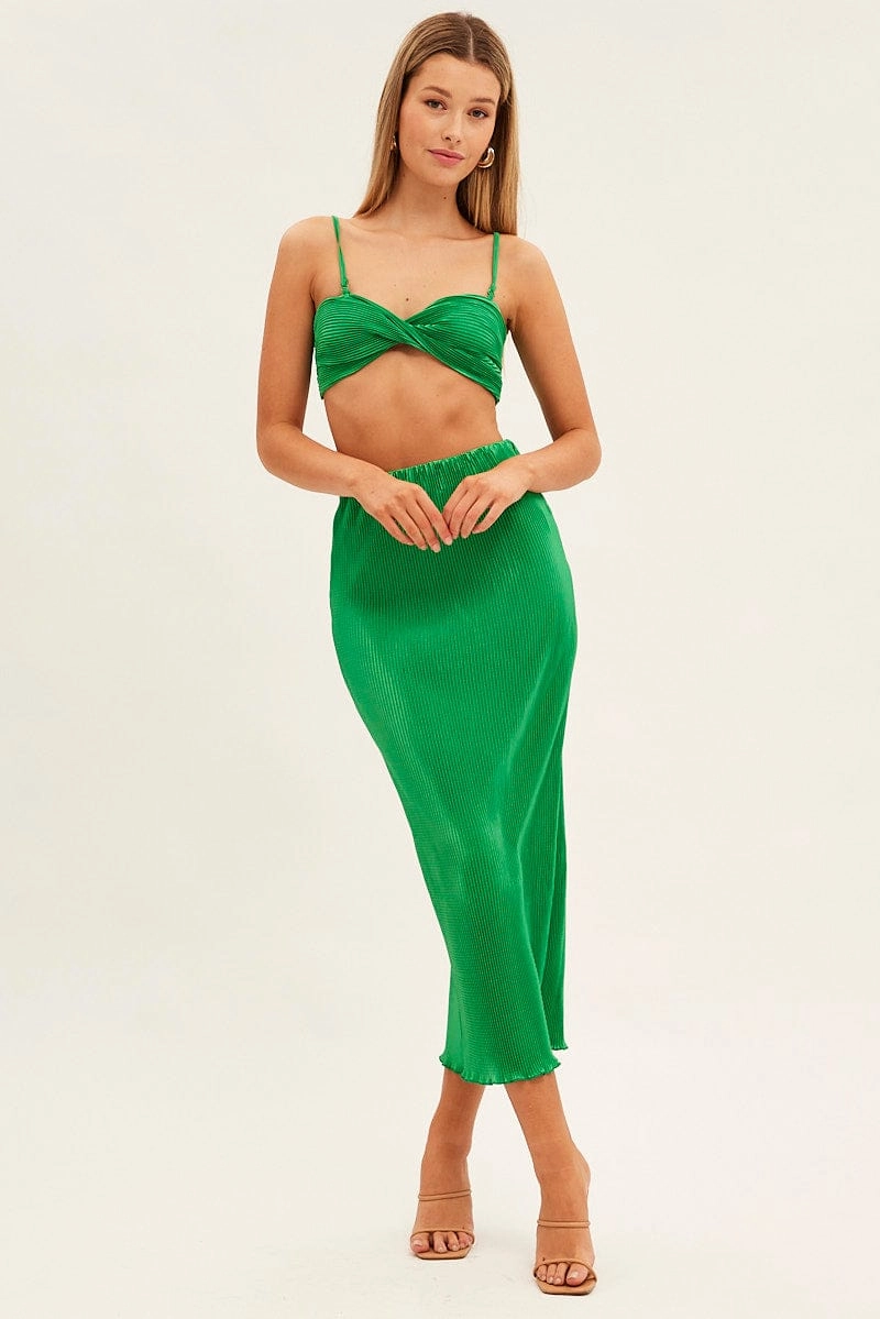 Green Plisse Skirt Maxi High Rise