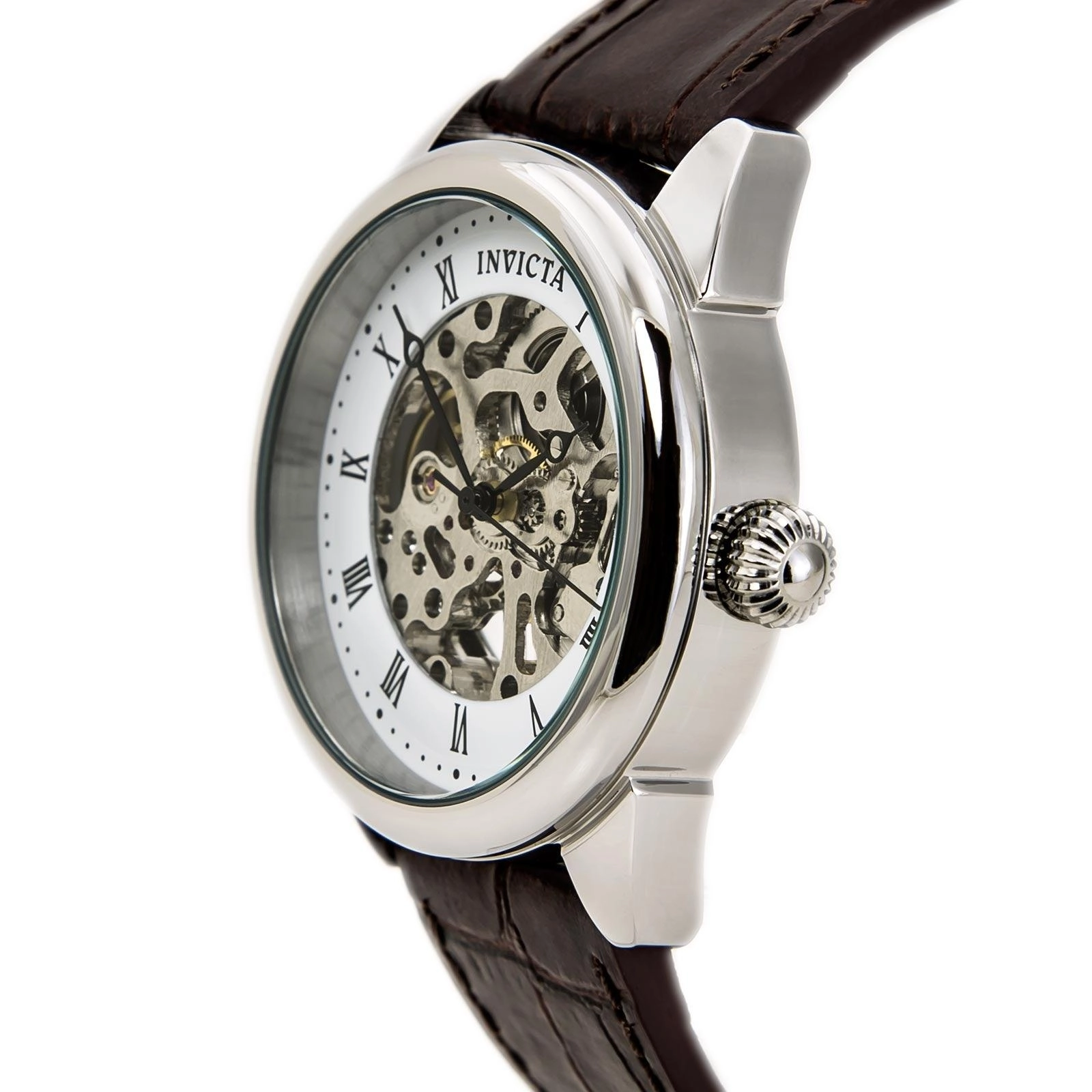 Invicta 17185 Men's Specialty White & Silver Skeleton Dial Brown Leather Strap Mechanical Watch