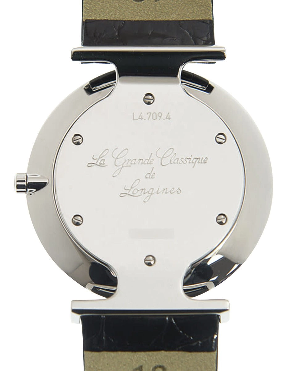 Longines La Grande Classique Stainless Steel White Dial Black Leather Strap Quartz Womens Watch L4.709.4.21.2