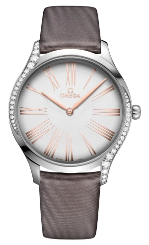 Omega De Ville Trésor Stainless Steel Silver Dial Gray Fabric Strap Diamonds Quartz Womens Watch 428.17.39.60.02.001