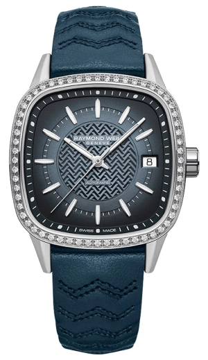 Raymond Weil Freelancer Automatic Stainless Steel Blue Dial Blue Leather Strap Date Diamonds Womens Watch 2490-SCS-50051