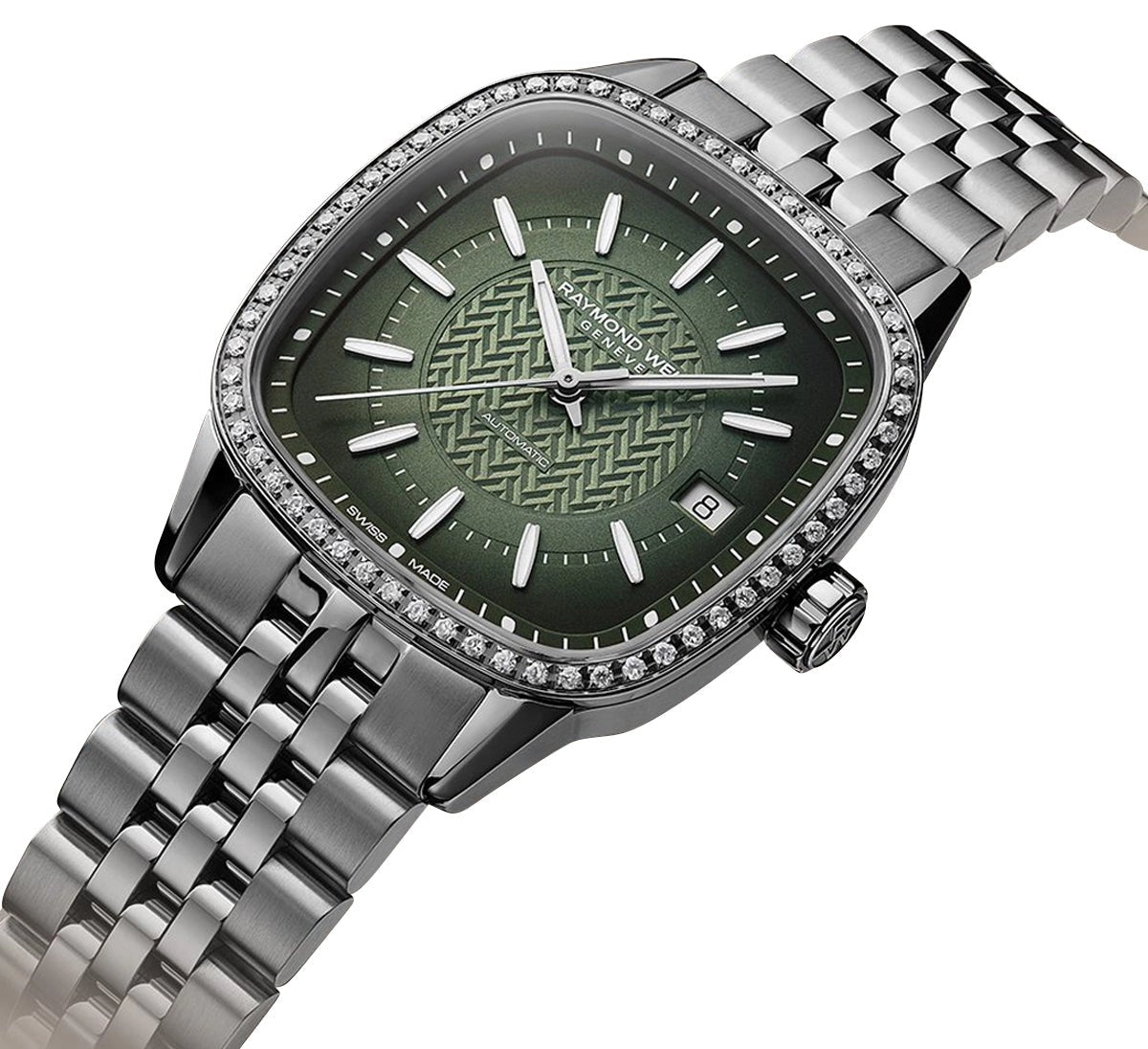 Raymond Weil Freelancer Automatic Stainless Steel Green Dial Date Diamonds Womens Watch 2490-STS-52051