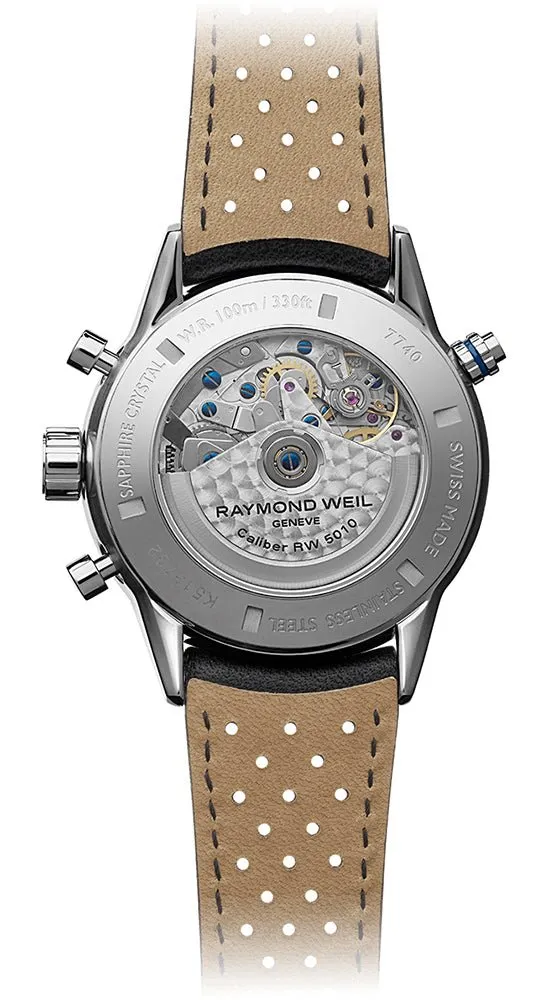 Raymond Weil Freelancer Steel Automatic Chronograph Silver Dial Date Black Leather Strap Mens Watch 7740-SC3-65521