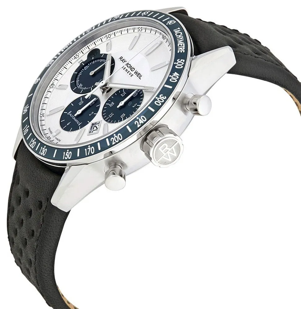 Raymond Weil Freelancer Steel Automatic Chronograph Silver Dial Date Black Leather Strap Mens Watch 7740-SC3-65521