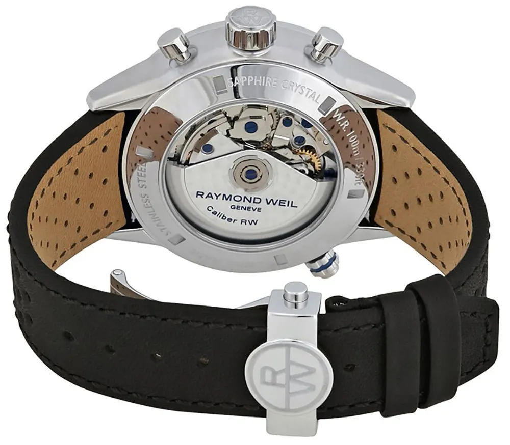 Raymond Weil Freelancer Steel Automatic Chronograph Silver Dial Date Black Leather Strap Mens Watch 7740-SC3-65521