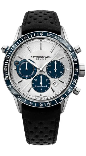 Raymond Weil Freelancer Steel Automatic Chronograph Silver Dial Date Black Leather Strap Mens Watch 7740-SC3-65521