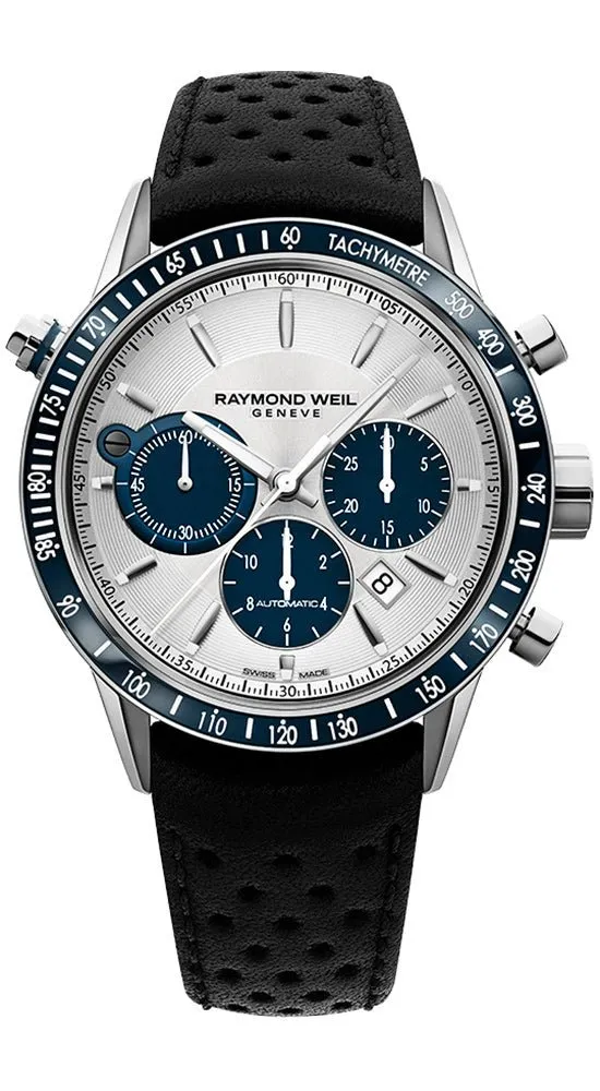Raymond Weil Freelancer Steel Automatic Chronograph Silver Dial Date Black Leather Strap Mens Watch 7740-SC3-65521