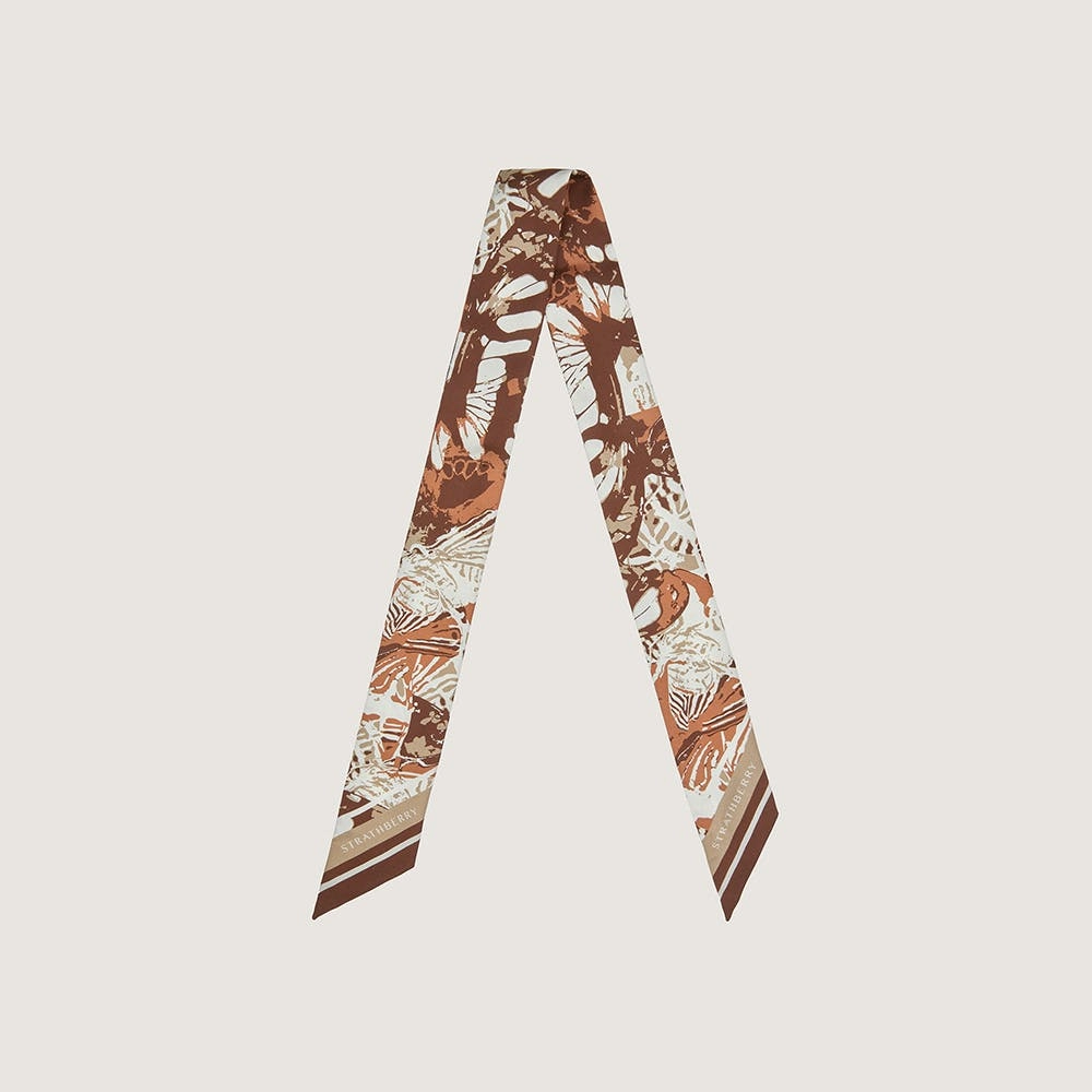 Silk Skinny Scarf - Chocolate/Tan Butterfly Print