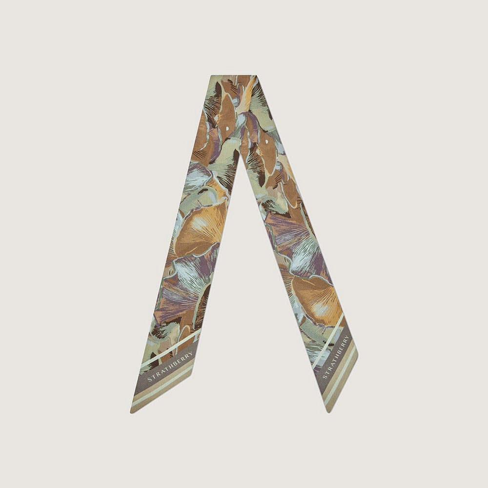 Silk Skinny Scarf - Oat/Mushroom Print