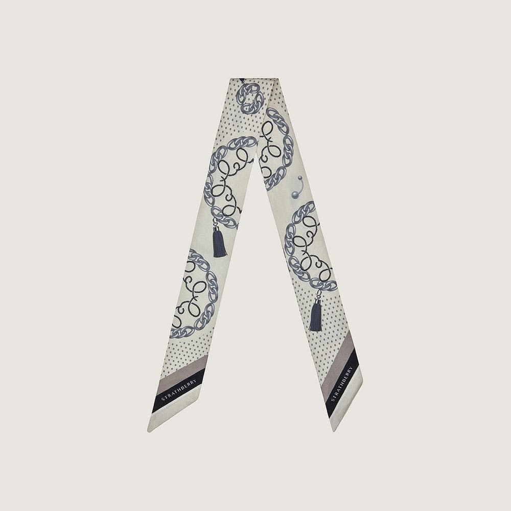 Silk Skinny Scarf - Vanilla/Taupe Chain Print