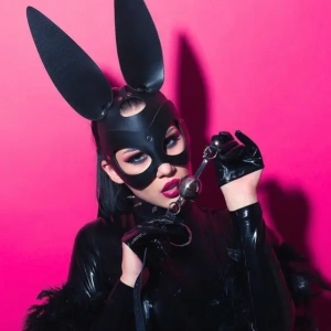 THE FETISH PLEASURE PLAY BUNNY MASK BONDAGE HOOD - BLACK