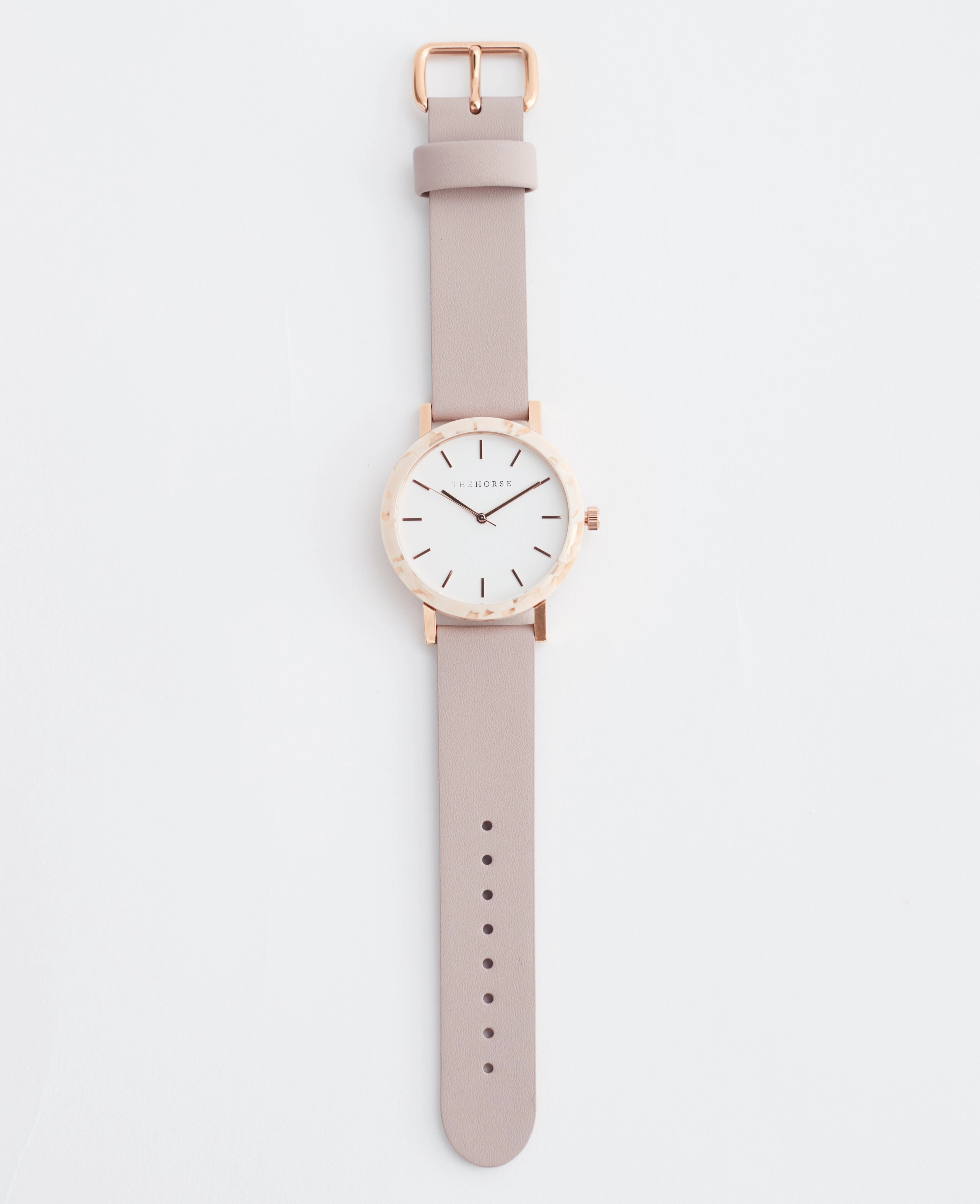 The Resin: Peach Speckle Case / White Dial / Rose Gold Indexing / Blush Leather