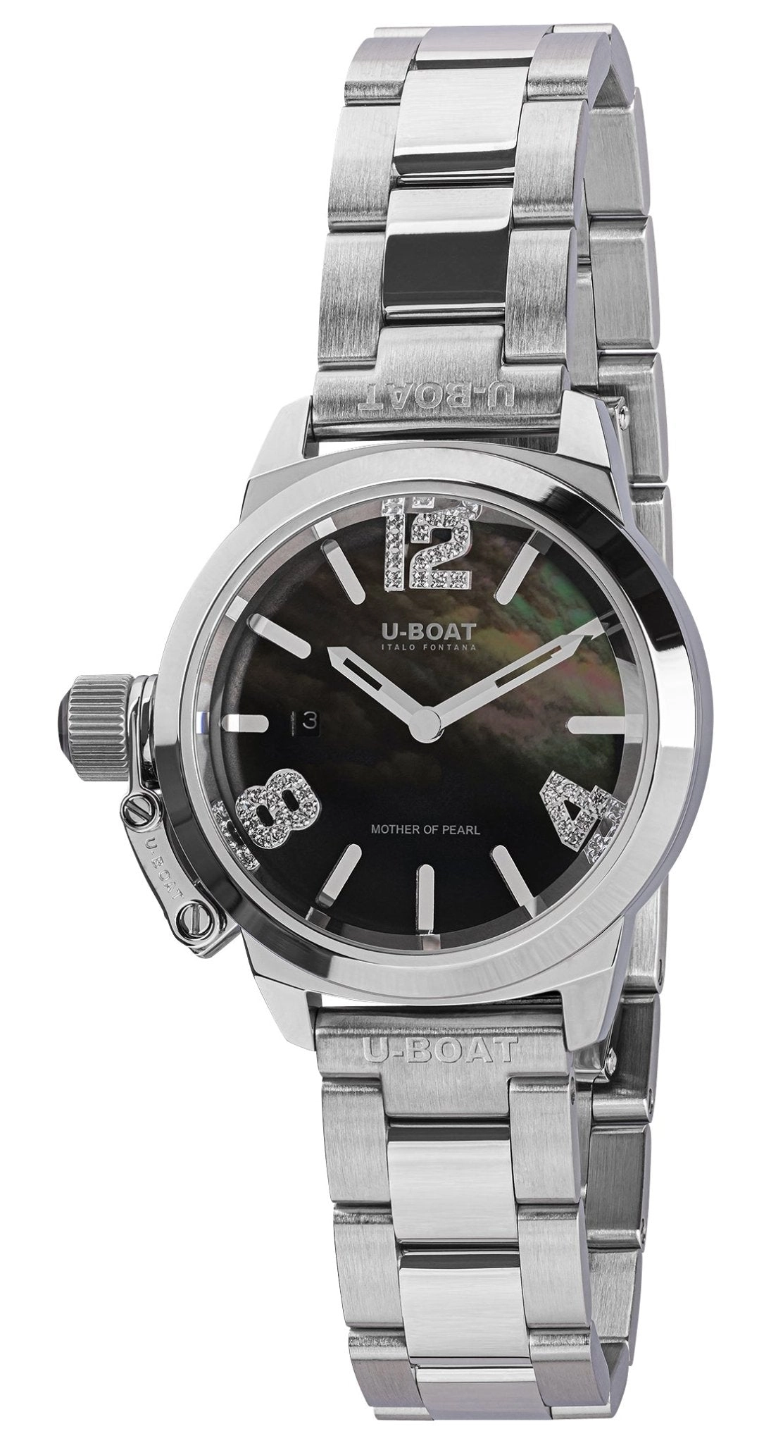 U-Boat Classico Stainless Steel Black Mother-Of-Pearl Dial Diamonds Date Quartz Womens Watch 8899