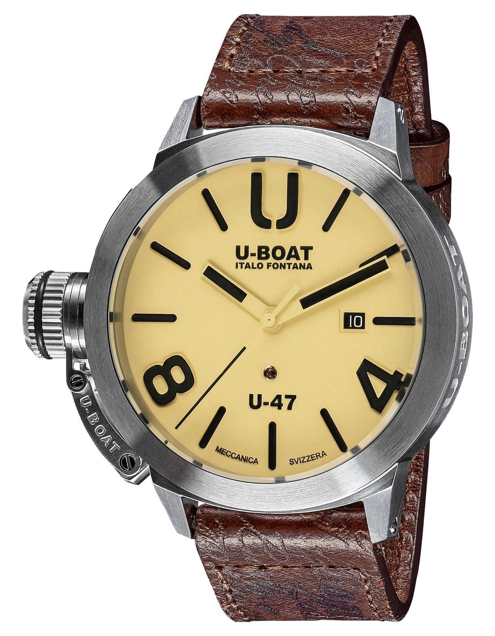 U-Boat Classico U-47 AS2 Automatic Stainless Steel Beige Dial Brown Leather Strap Date Mens Watch 8106