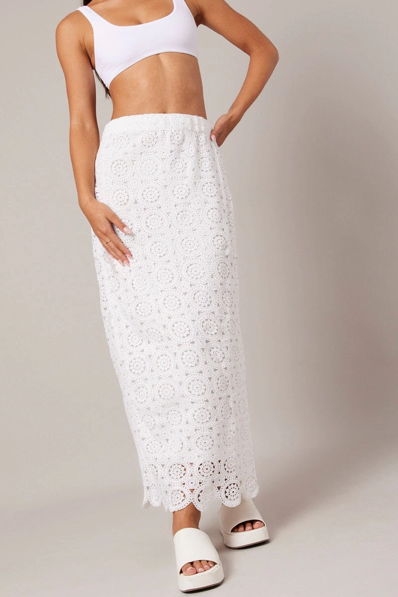 White Midi Skirt High Rise Lace